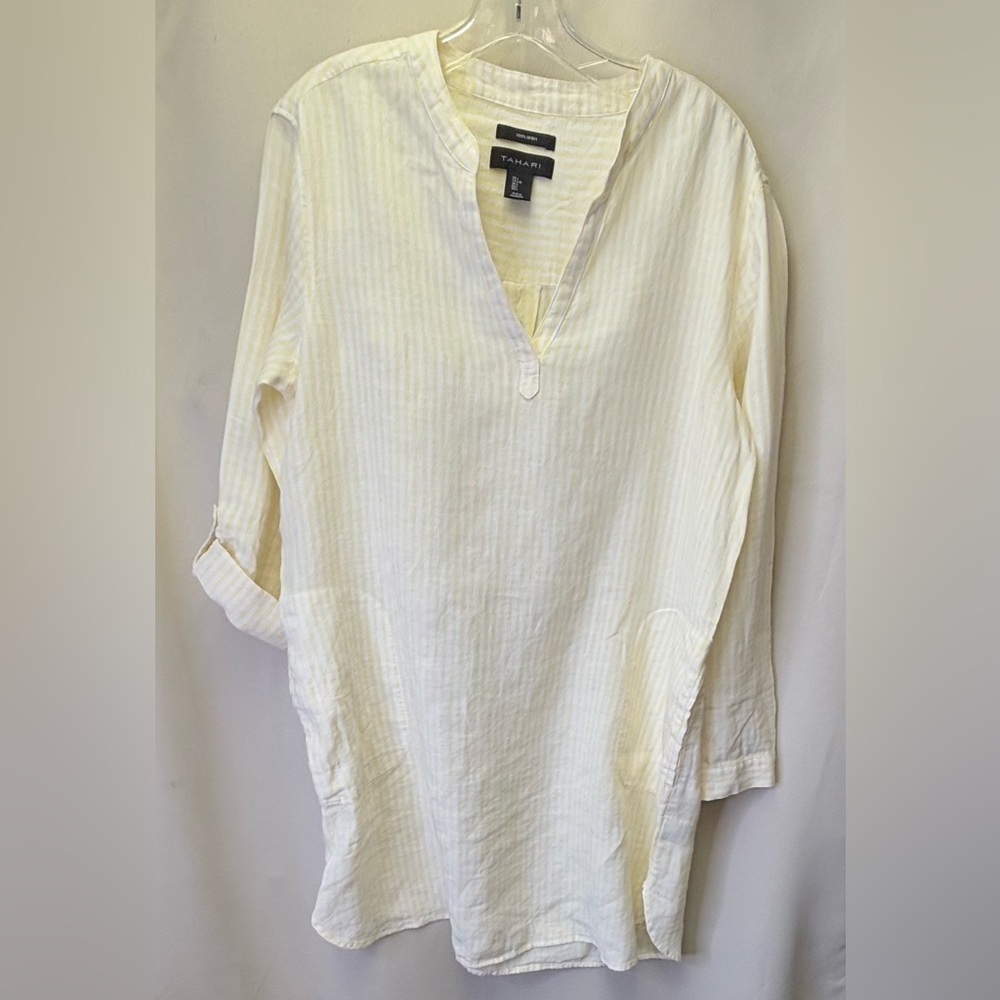 Tahari Women’s 100% Linen Tunic Dress Yellow  & White Size Large